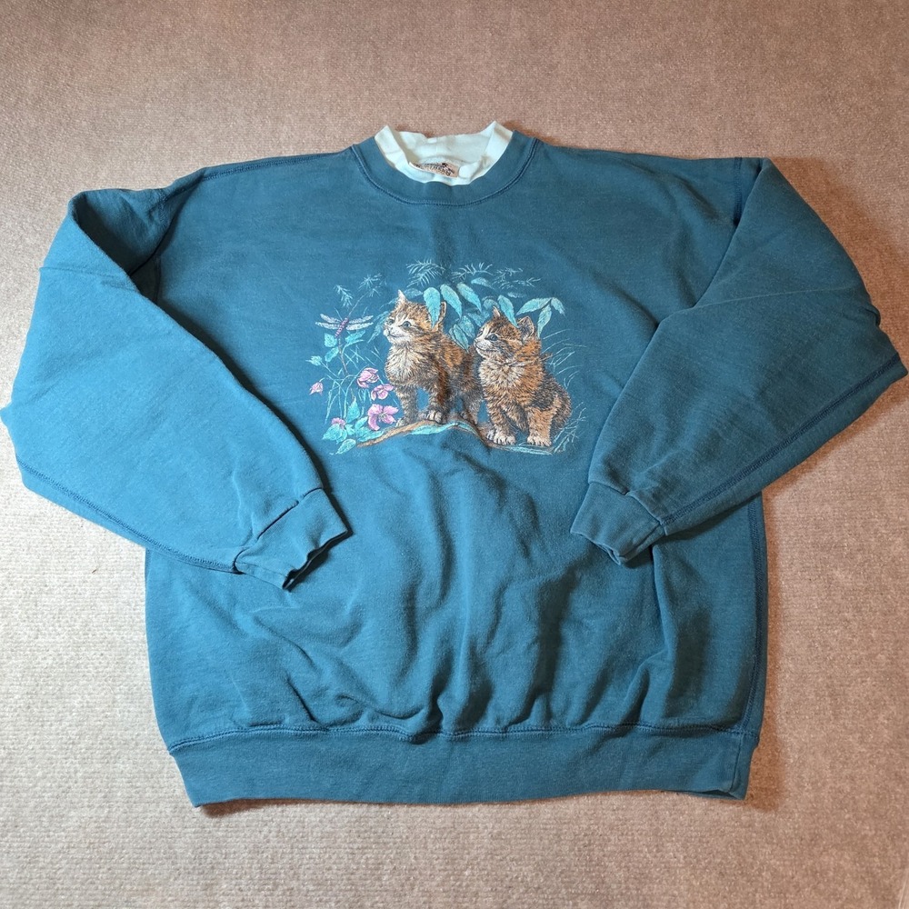 Northern Reflections Vintage Teal Cat Kitten Graphic Sweatshirt Double Neck L